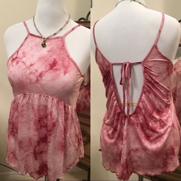Pink Tie-Dye Spaghetti Strap Backless Tied Halter Top - Picture 1 of 4